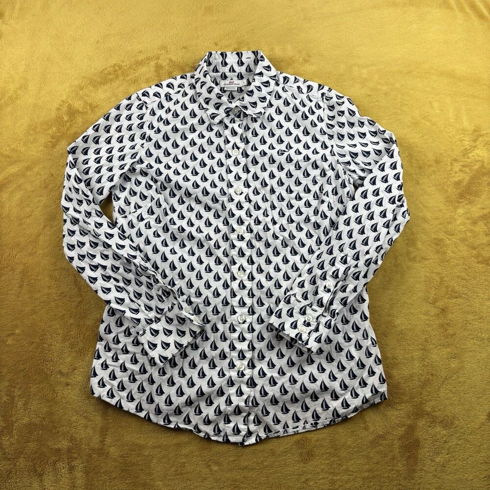 Vineyard Vines Button Up Shirt All Over Print Womens 2 Sailboat White